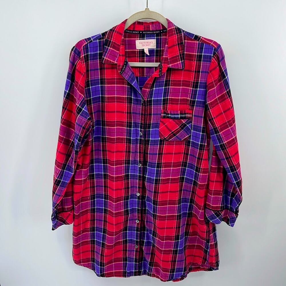 Victoria’s Secret flannel plaid long sleeve button up shirt nightgown sz M